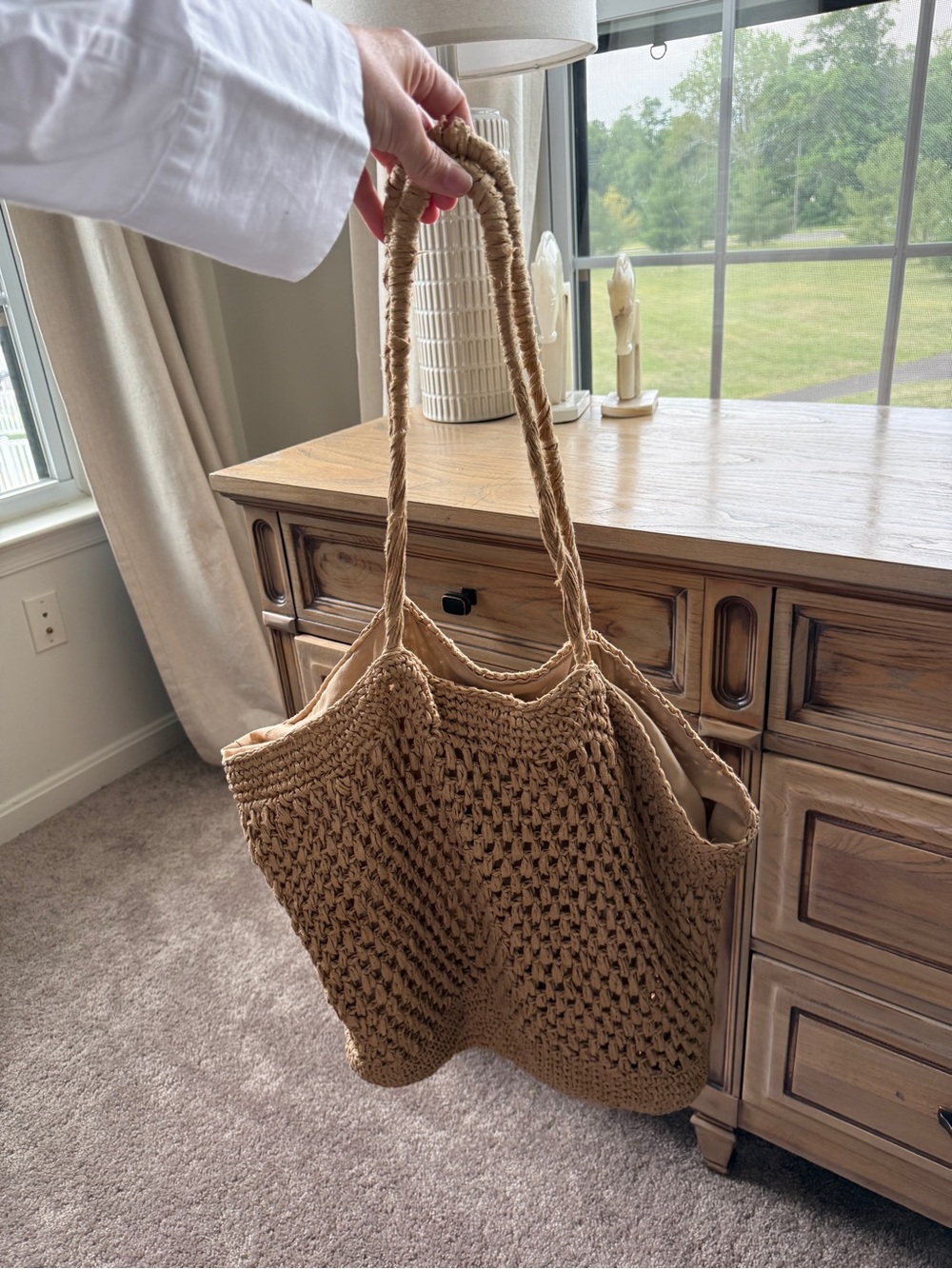 Vtg Abercrombie & Fitch Tan Crochet summer beach pool swim Tote Bag